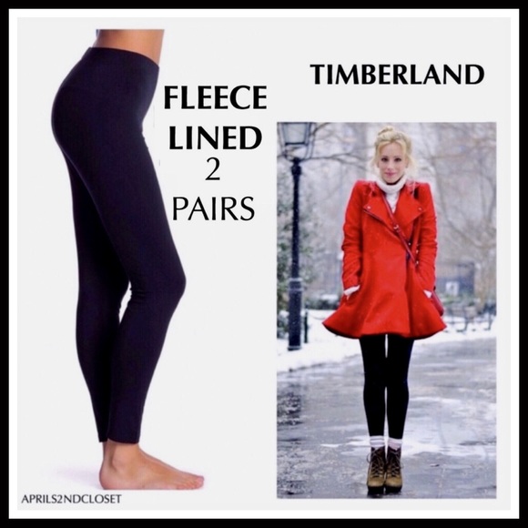 TIMBERLAND 2 BLACK FLEECE LINED LEGGINGS COZY FOOTLESS TIGHTS A3C - Picture 9 of 16